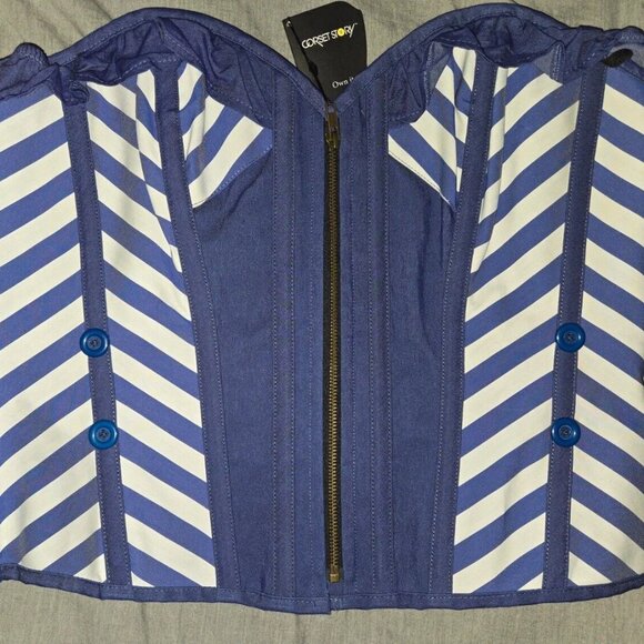 REAL Corset UK22 US18. Blue & White Over bust Steel Boned. High Quality NWT - Picture 1 of 14
